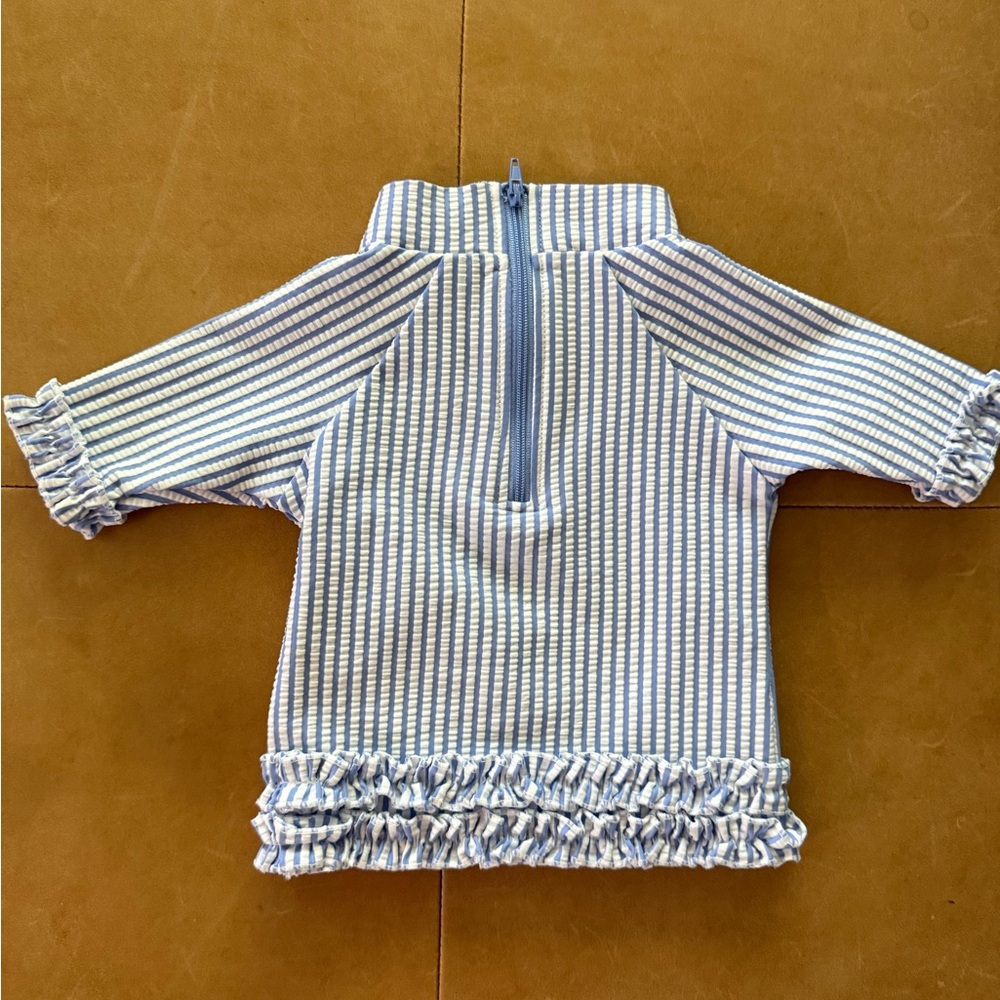 Ruffle Butts Blue and White Rashguard with Ruffle Trim - Picture 2 of 3